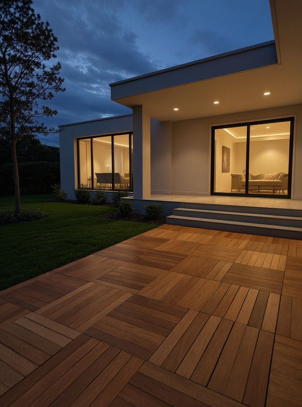 Wood deck tiles laid over a patio surface