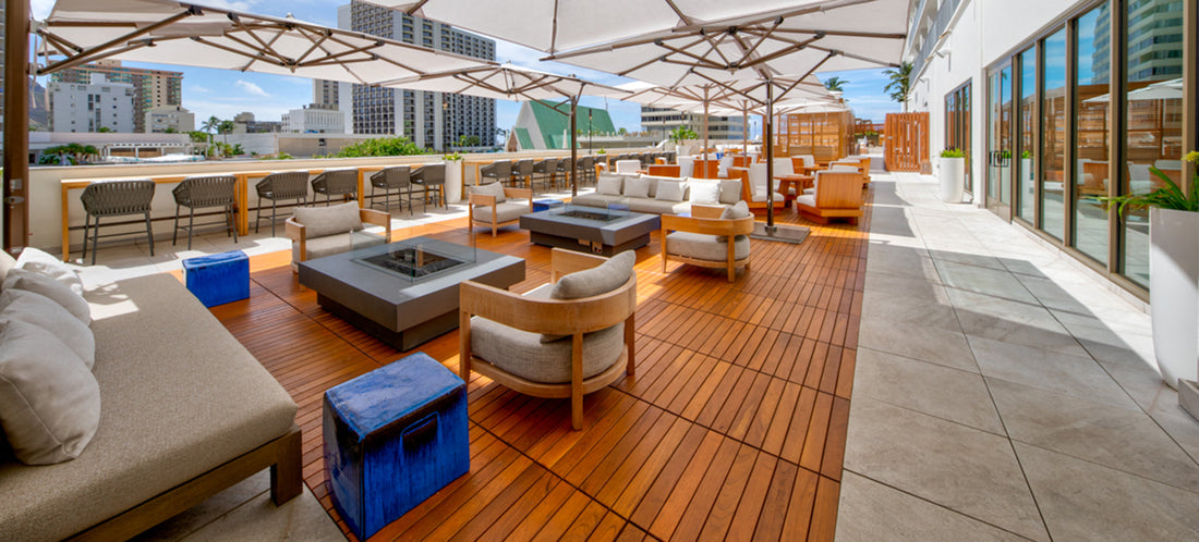 Rooftop terrace finished with interlocking Kempas wood deck tiles on adjustable pedestals