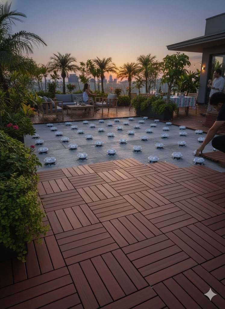 Kempas wood deck tiles on a rooftop terrace with greenery