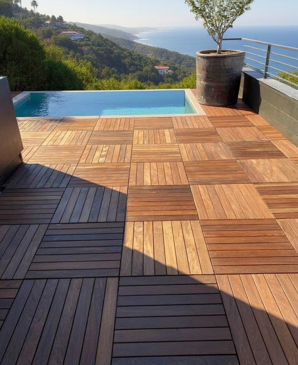 Wood deck tiles installed on a rooftop terrace