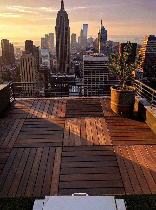 Close up of interlocking deck tile edges after installation
